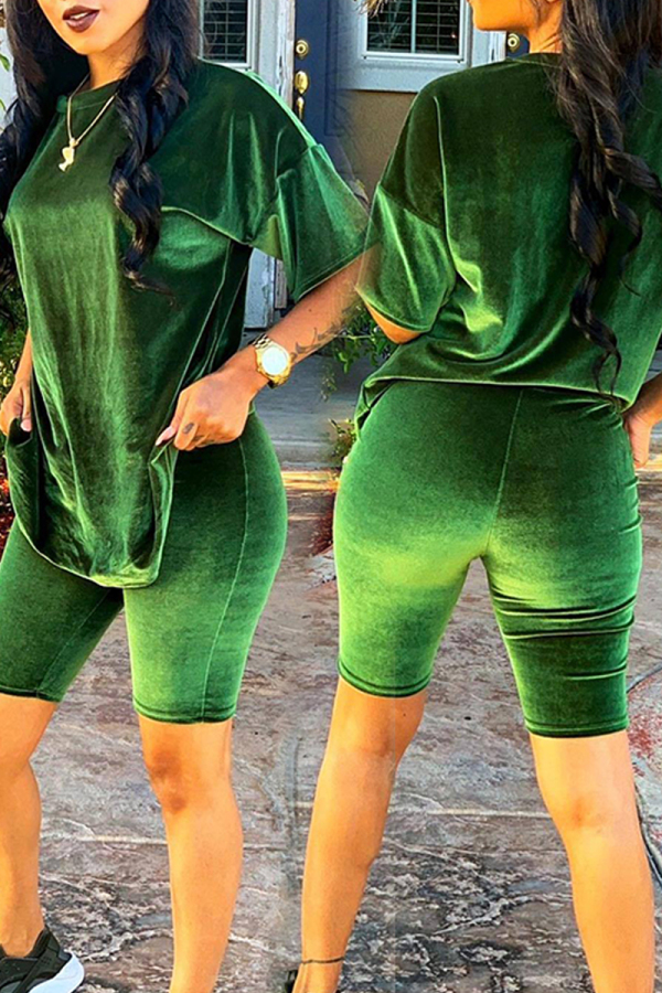 Green O Neck Short Sleeve Oversize T Shirt And Skinny Shorts Casual Two Piece Velvet Shorts Sets