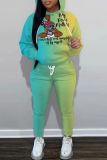 Blue Figure Print Long Sleeve Hooded Sweatshirt And Draw String Pocket Skinny Pants Casual Sportwear Two Pieces Trouser Sets