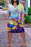 Gold Floral Print Deep V Neck Short Sleeve Loose Pockets Casual Midi T Shirt Dress