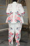 White Floral Print Lapel Collar Long Sleeve Buttons Blazer Jackets And Pants Formal Office Lady Plus Size Two Pieces Suit Sets