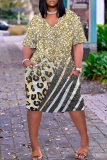 Gold Casual Graphics Print Basic V Neck Short Sleeve Loose Pockets Midi T-Shirt Dress