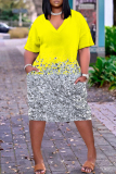 Gold Casual Graphics Print Basic V Neck Short Sleeve Loose Pockets Midi T-Shirt Dress