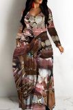 Multicolor Casual Graphics Print V Neck Long Sleeve Straight Loose Vacation Plus Size Maxi Dresses