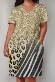Gold Casual Graphics Print Basic V Neck Short Sleeve Loose Pockets Midi T-Shirt Dress