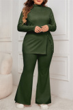 Grey Casual Turtleneck Long Sleeve Slit Blouse And Flare Leg Pants Office Lady Plus Size Two Pieces Trouser Sets
