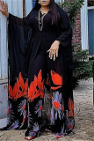 Red Chiffon Floral Print See-Through Long Sleeve Longline Tops And Straight Leg Pants Casual Vacation Two Pieces Pants Suit