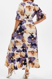 Pink Casual Floral Print V Neck Flare Sleeve Belted Long Irregular Hem Vacation Plus Size Midi Dresses