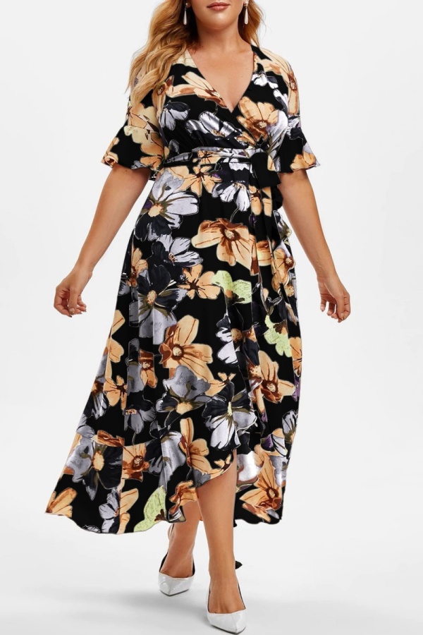Pink Casual Floral Print V Neck Flare Sleeve Belted Long Irregular Hem Vacation Plus Size Midi Dresses
