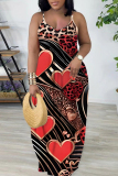 Dark Blue Graphics Print Backless Sleeveless Floor Length Vacation Baggy Sundress Slip Maxi Dress