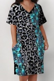 Gold Casual Graphics Print Basic V Neck Short Sleeve Loose Pockets Midi T-Shirt Dress
