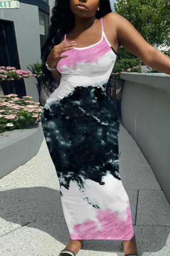 Green Casual Graphics Print Sleeveless Backless Spaghetti Strap Long Bodycon Maxi Slip Dress