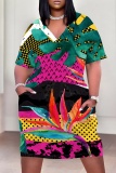 Gold Floral Print Deep V Neck Short Sleeve Loose Pockets Casual Midi T Shirt Dress