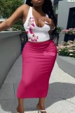 Rose Red Casual Barbie Print U Neck Sleeveless Tank Crop Tops And Maxi Skirt Vacation Two Pieces Dress Sets