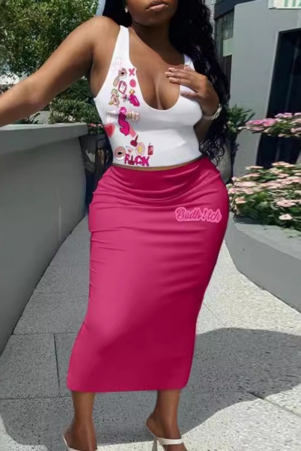 Rose Red Casual Barbie Print U Neck Sleeveless Tank Crop Tops And Maxi Skirt Vacation Two Pieces Dress Sets