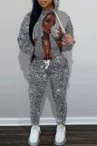 Green Graphics Print Long Sleeve Hooded Sweatshirt And Draw String Pocket Skinny Pants Casual Sportwear Two Pieces Trouser Sets