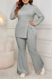 Grey Casual Turtleneck Long Sleeve Slit Blouse And Flare Leg Pants Office Lady Plus Size Two Pieces Trouser Sets
