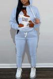 Blue Figure Print Long Sleeve Hooded Sweatshirt And Draw String Pocket Skinny Pants Casual Sportwear Two Pieces Trouser Sets