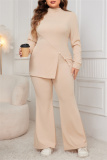 Grey Casual Turtleneck Long Sleeve Slit Blouse And Flare Leg Pants Office Lady Plus Size Two Pieces Trouser Sets