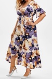 Pink Casual Floral Print V Neck Flare Sleeve Belted Long Irregular Hem Vacation Plus Size Midi Dresses