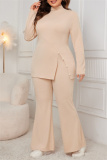 Grey Casual Turtleneck Long Sleeve Slit Blouse And Flare Leg Pants Office Lady Plus Size Two Pieces Trouser Sets