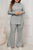 Grey Casual Turtleneck Long Sleeve Slit Blouse And Flare Leg Pants Office Lady Plus Size Two Pieces Trouser Sets