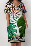 Gold Floral Print Deep V Neck Short Sleeve Loose Pockets Casual Midi T Shirt Dress