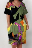 Gold Floral Print Deep V Neck Short Sleeve Loose Pockets Casual Midi T Shirt Dress