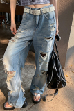 Light Blue Casual Mid Waist Distressed Wide Leg Ripped Denim Jeans