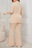 Grey Casual Turtleneck Long Sleeve Slit Blouse And Flare Leg Pants Office Lady Plus Size Two Pieces Trouser Sets