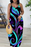 Dark Blue Graphics Print Backless Sleeveless Floor Length Vacation Baggy Sundress Slip Maxi Dress