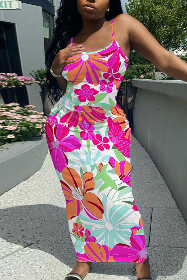 White Blue Casual Graphics Print Sleeveless Backless Spaghetti Strap Long Bodycon Maxi Slip Dress