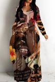 Multicolor Casual Graphics Print V Neck Long Sleeve Straight Loose Vacation Plus Size Maxi Dresses