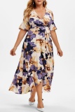 Pink Casual Floral Print V Neck Flare Sleeve Belted Long Irregular Hem Vacation Plus Size Midi Dresses