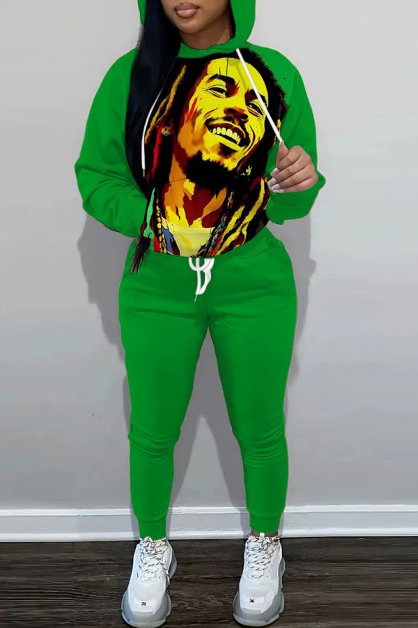 Green Graphics Print Long Sleeve Hooded Sweatshirt And Draw String Pocket Skinny Pants Casual Sportwear Two Pieces Trouser Sets