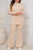 Grey Casual Turtleneck Long Sleeve Slit Blouse And Flare Leg Pants Office Lady Plus Size Two Pieces Trouser Sets