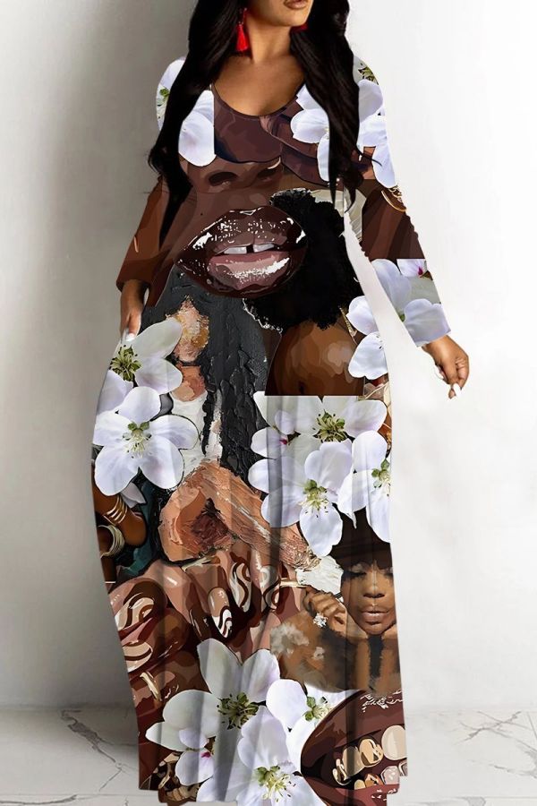 Multicolor Casual Graphics Print V Neck Long Sleeve Straight Loose Vacation Plus Size Maxi Dresses