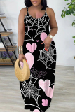 Dark Blue Graphics Print Backless Sleeveless Floor Length Vacation Baggy Sundress Slip Maxi Dress