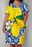 Gold Floral Print Deep V Neck Short Sleeve Loose Pockets Casual Midi T Shirt Dress