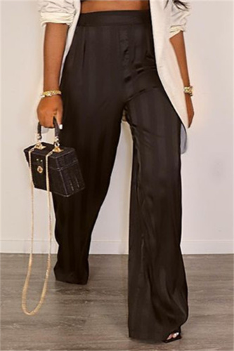 Black Casual Striped High Waist Jacquard Loose Satin Wide Leg Pants