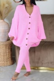 White Casual V Neck Long Sleeve Buttons Knitted Sweater Cardigan Jackets And Skinny Pants Two Pieces Trouser Sets