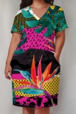 Gold Floral Print Deep V Neck Short Sleeve Loose Pockets Casual Midi T Shirt Dress