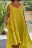 Yellow Casual Sleeveless Irregular Hem O Neck Long Vacaton Cotton And Linen Midi Dresses