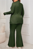 Grey Casual Turtleneck Long Sleeve Slit Blouse And Flare Leg Pants Office Lady Plus Size Two Pieces Trouser Sets