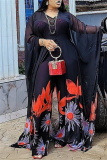 Red Chiffon Floral Print See-Through Long Sleeve Longline Tops And Straight Leg Pants Casual Vacation Two Pieces Pants Suit
