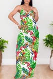 Dark Green Floral Print Backless Sleeveless Floor Length Casual Vacation Baggy Sundress Slip Maxi Dress