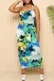 White Blue Casual Graphics Print Sleeveless Backless Spaghetti Strap Long Bodycon Maxi Slip Dress