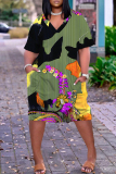 Gold Floral Print Deep V Neck Short Sleeve Loose Pockets Casual Midi T Shirt Dress