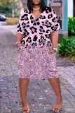 Gold Casual Graphics Print Basic V Neck Short Sleeve Loose Pockets Midi T-Shirt Dress