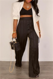 Black Casual Striped High Waist Jacquard Loose Satin Wide Leg Pants