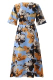 Pink Casual Floral Print V Neck Flare Sleeve Belted Long Irregular Hem Vacation Plus Size Midi Dresses